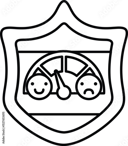 A shield with a smiling face and a frowning face with a speedometer in between