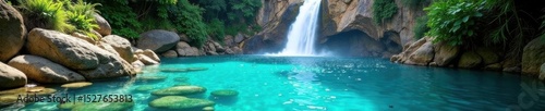 Crystal clear lagoon fed by a vibrant waterfall , tree, cliff, sun
