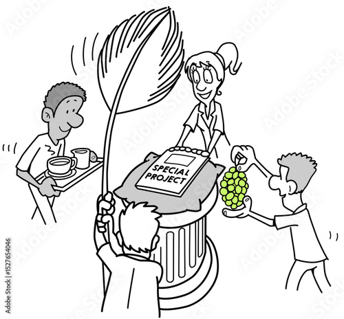 Cartoon man harvesting green grapes