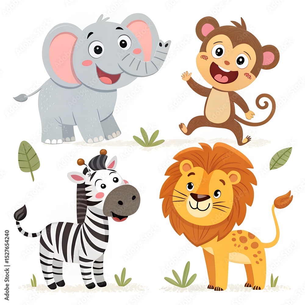 Fototapeta premium Set of Happy Safari Animal Clipart for Kids Featuring Cartoon Jungle Creatures with Transparent Background Ideal for Print and Digital Use