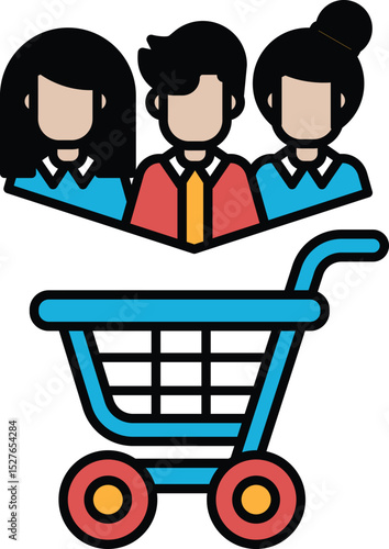 A shopping cart with three people in it
