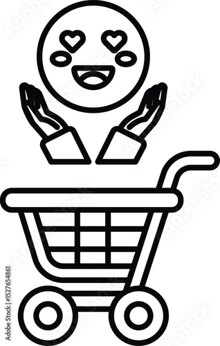 A black and white cartoon of a shopping cart with a smiling face