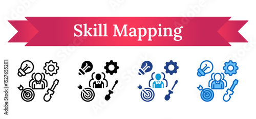 Skill Mapping Multi Style - Human head with various symbols including gear, key, lightbulb, and target indicating learning or personal development