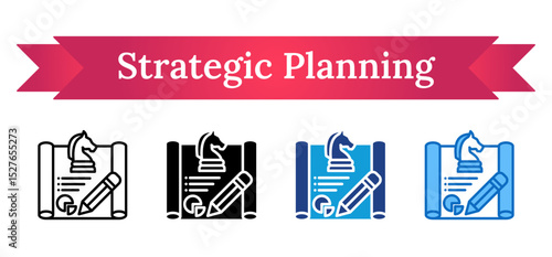 Strategic Planning Multi Style - Scroll with chess knight and pencil representing planning, analysis, and strategic thinking