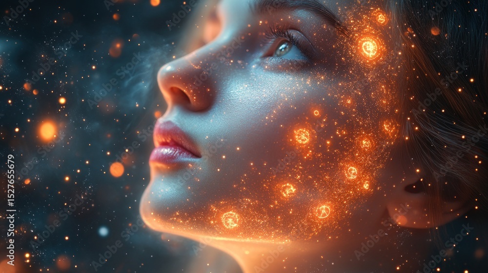 A woman's face, glowing with ethereal energy A woman's face, glowing with ethereal energy