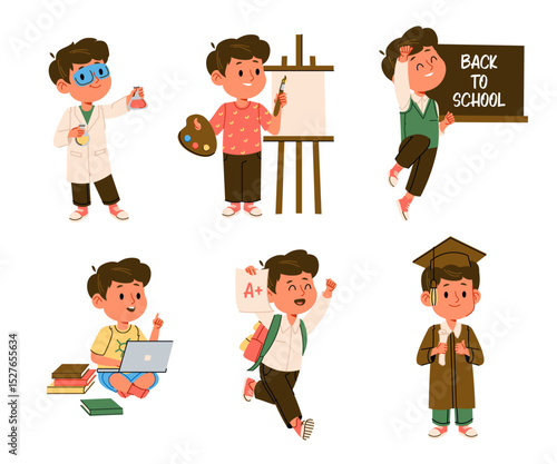 Happy cartoon boy school character enjoying studying activities set isolated on white background