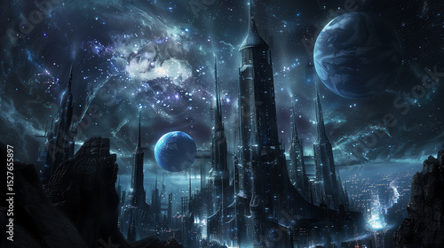Dark Mysterious planet with mounatins and alien landscapes