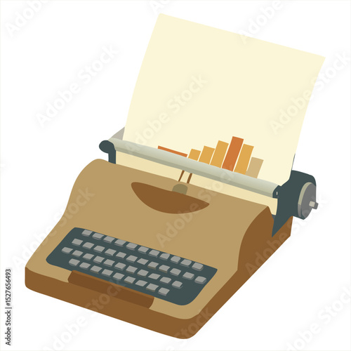 A vintage vector poster-style design of a typewriter spitting out modern business analytics charts, with retro fonts and warm, textured paper tones.