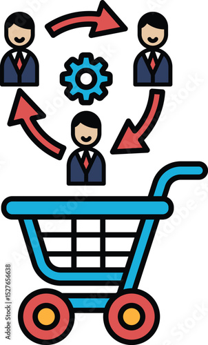 A blue shopping cart with three people on it and arrows pointing to it