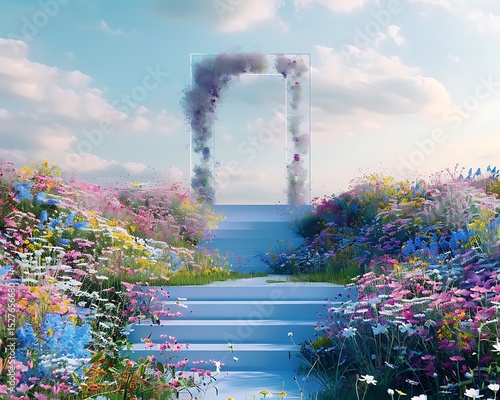 Serene Floral Steps Leading to a Glass Flower Archway in a Dreamlike Meadow