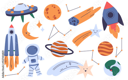 Cosmos exploration, outer space adventure design elements set isolated on white background