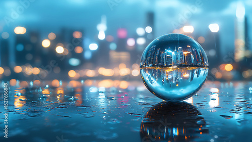 Crystal ball reflecting urban cityscape at night with atmospheric bokeh lighting effects
