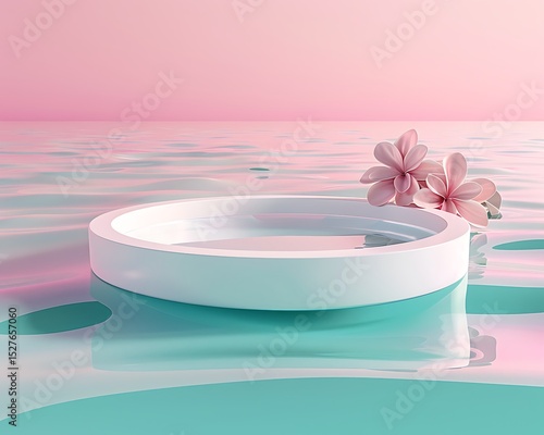 Serene Minimalist Product Display White Round Platform Floating on Pastel Water with Pink Flowers