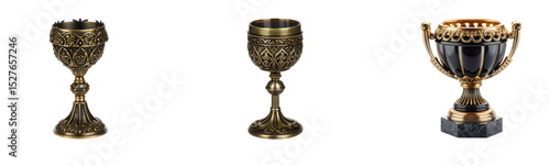 Golden Chalice Collection: Three Ornate Goblets for Ceremonial or Decorative Use

