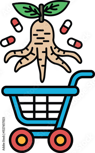 A cartoonish image of a shopping cart with a bunch of pills