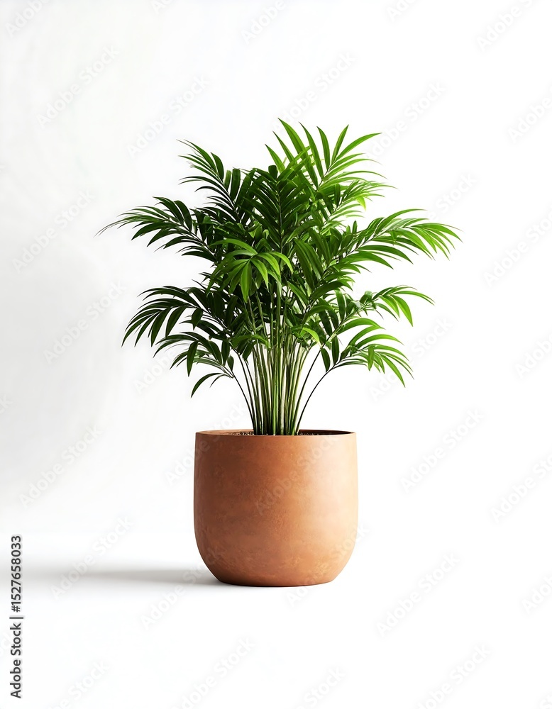 Green Parlor Palm in Terracotta Pot Against White Background Green Parlor Palm in Terracotta Pot Against White Background