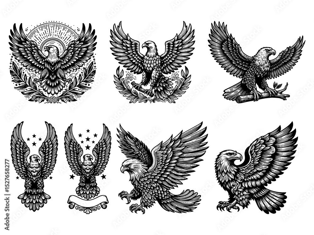 Obraz premium eagle Set collection bundle sketch engraving generative ai PNG illustration. Scratch board imitation. Black and white image.