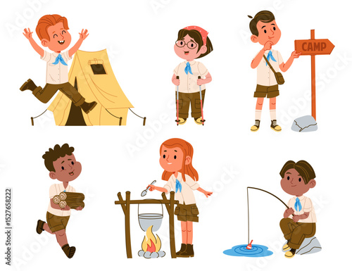 Happy children campers cartoon characters engaged in survival scouts activity isolated set
