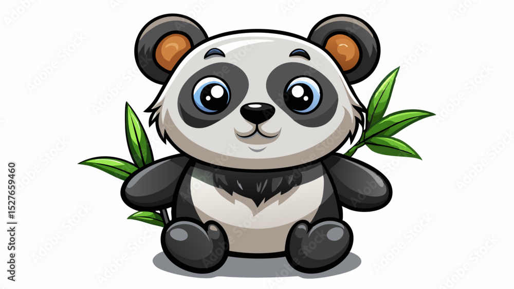 Fototapeta premium Cute panda doll with black felt ears and arms, holding a tiny bamboo leaf, centered on a white background. Ideal for Asian-inspired kids toy vectors or wildlife-themed decor.