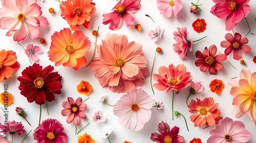 Vibrant Cosmos Flowers Blossom Arrangement Flatlay  Beautiful Floral Background Design