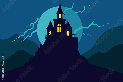 Mysterious Haunted House Silhouette on Hilltop under a Full Moon