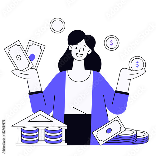  Happy female entrepreneur surrounded money and showing gold coin isolated flat vector illustration. Cartoon bank consumer refinancing loan. Personal financial target and business concept