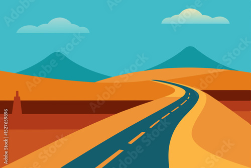 Desert Road Trip Winding Road Through Sun-Drenched Landscape