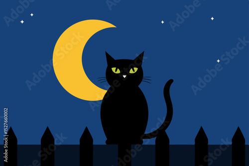 Mystical Black Cat Silhouette Under Crescent Moon Nighttime Feline Illustration