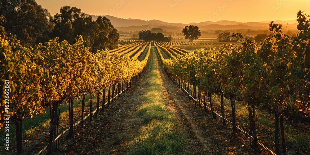 Naklejka premium sunset over endless vineyard rows