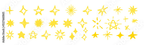 Pastel brush stars isolated on white background. Set of doodle yellow stars and sparkle elements.