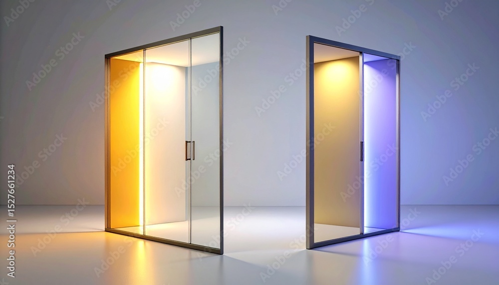 Modern frosted glass partition illuminated from either side, one side cool lavender, the other soft amber, glowing in clean gradient split. Modern frosted glass partition illuminated from either side, one side cool lavender, the other soft amber, glowing in clean gradient split.