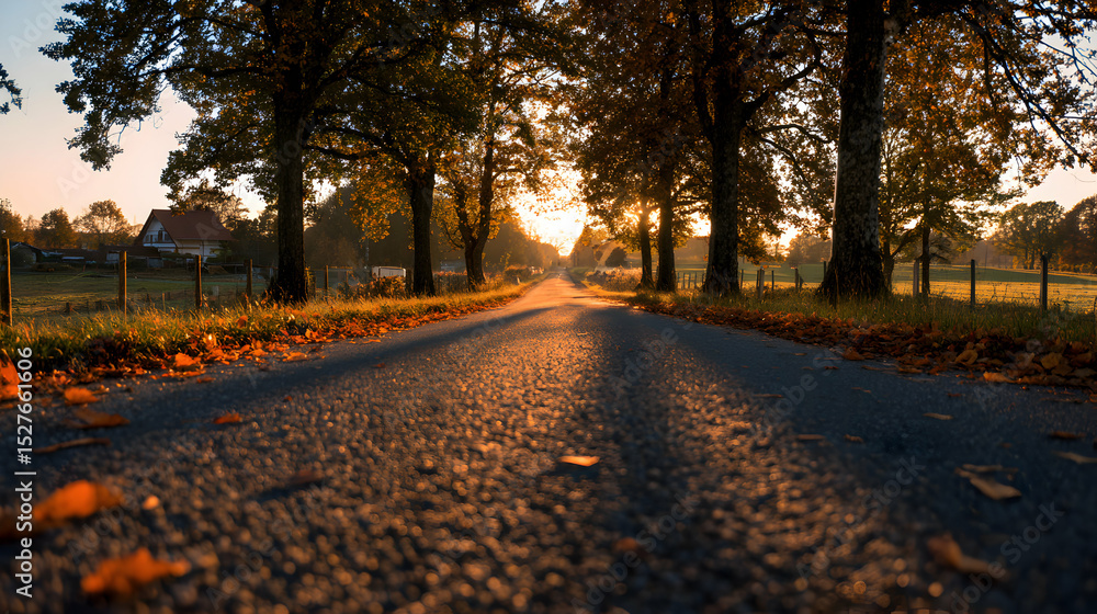 Naklejka premium Autumn light filtering through the trees lining a country road at sunset, creating a warm glow