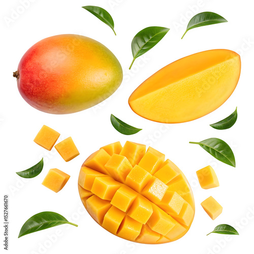Fresh mango fruit pieces and leaves isolated on transparent background