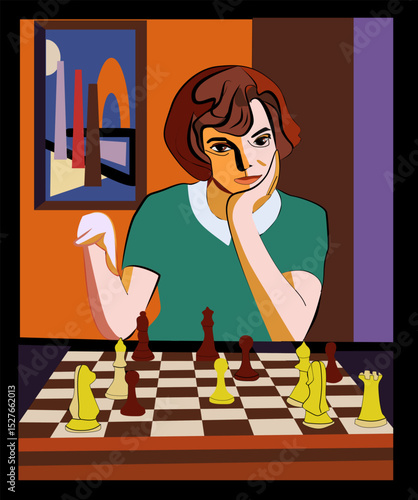 A person is depicted contemplating their next move in a game of chess, with a colorful and abstract background. The scene suggests deep concentration and strategic thinking.



