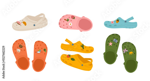 Modern colorful сrocs, trendy vibrant footwear, plastic summer shoes isolated set on white