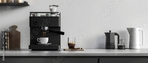 Professional espresso machine brewing a perfect shot into a cup, set against a minimalist grey backdrop. Mock up for coffee shops, barista culture, and gourmet beverage visuals.	
