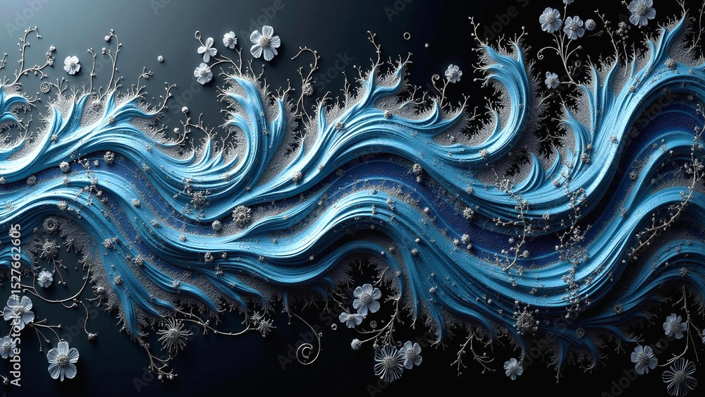 Obraz premium Graceful Blue and Silver Swirls with Ornate Winter Branches