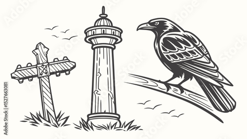 Gothic Raven, Cross, and Tower: A Monochrome Illustration
