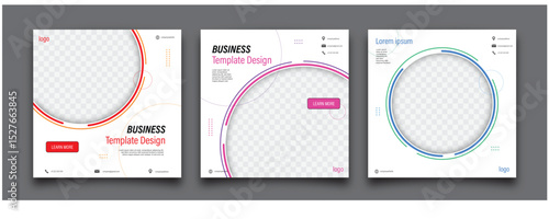 Minimal white business templates featuring vibrant circular frames and text placeholders for banner, presentation, corporate, marketing, branding design decoration