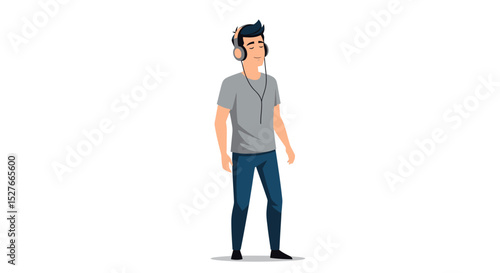 Young person enjoying sound with wireless headphones, illustrated in a clean flat style.