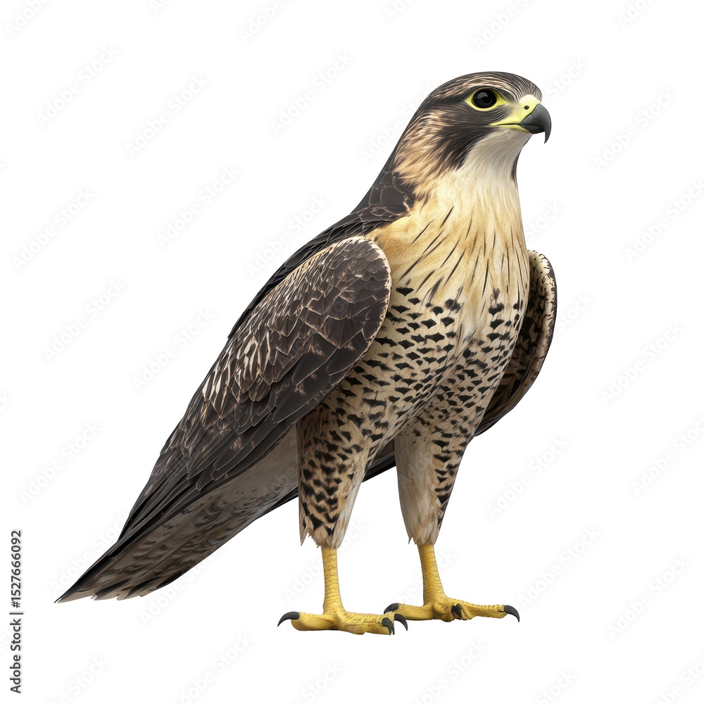 Falcon perching on a rock in a natural habitat showcasing its majestic features under clear blue sky Falcon perching on a rock in a natural habitat showcasing its majestic features under clear blue sky