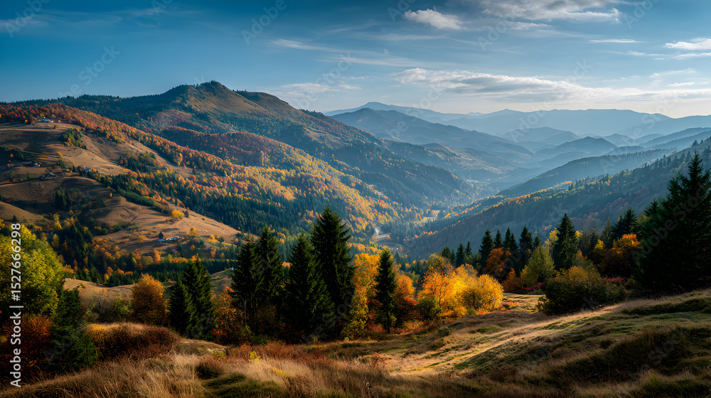 Fototapeta premium Majestic mountain landscape with autumn foliage showcasing vibrant colors and tranquil mountain views
