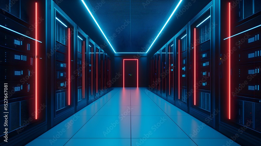 Fototapeta premium A futuristic data center corridor illuminated with vibrant blue and red lights, featuring rows of servers along the walls.