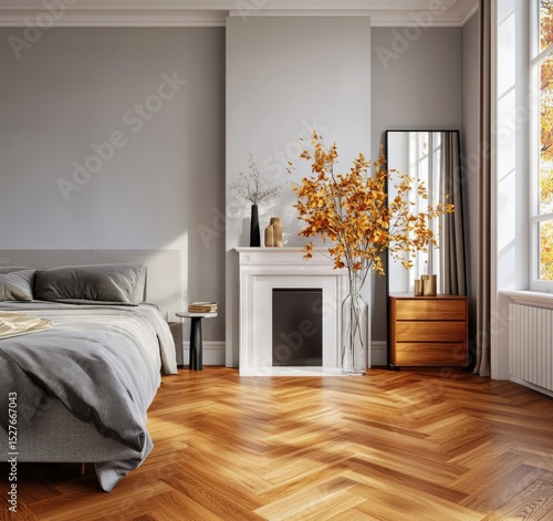 Grey bedroom interior with hardwood floors, a fireplace, and autumnal decorations. Natural light streams through a large window. Modern minimalist design.