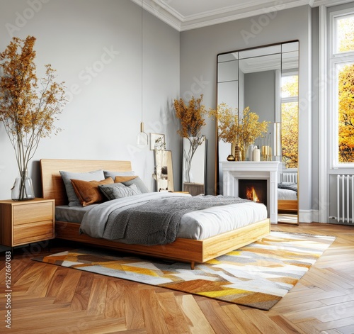 Modern Minimalist Bedroom with Autumnal Decor and Fireplace