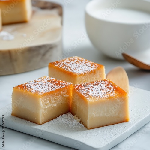 Three squares of creamy custard dessert with a caramelized top, dusted with powdered sugar, presented on a small white square plate. A bowl of milk and wooden spoon are in the background.