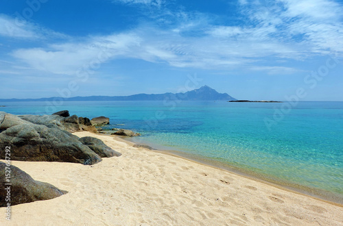 view from Sithonia to Mount Athos, Halkidiki, Greece, with beautiful Tigania beach in front