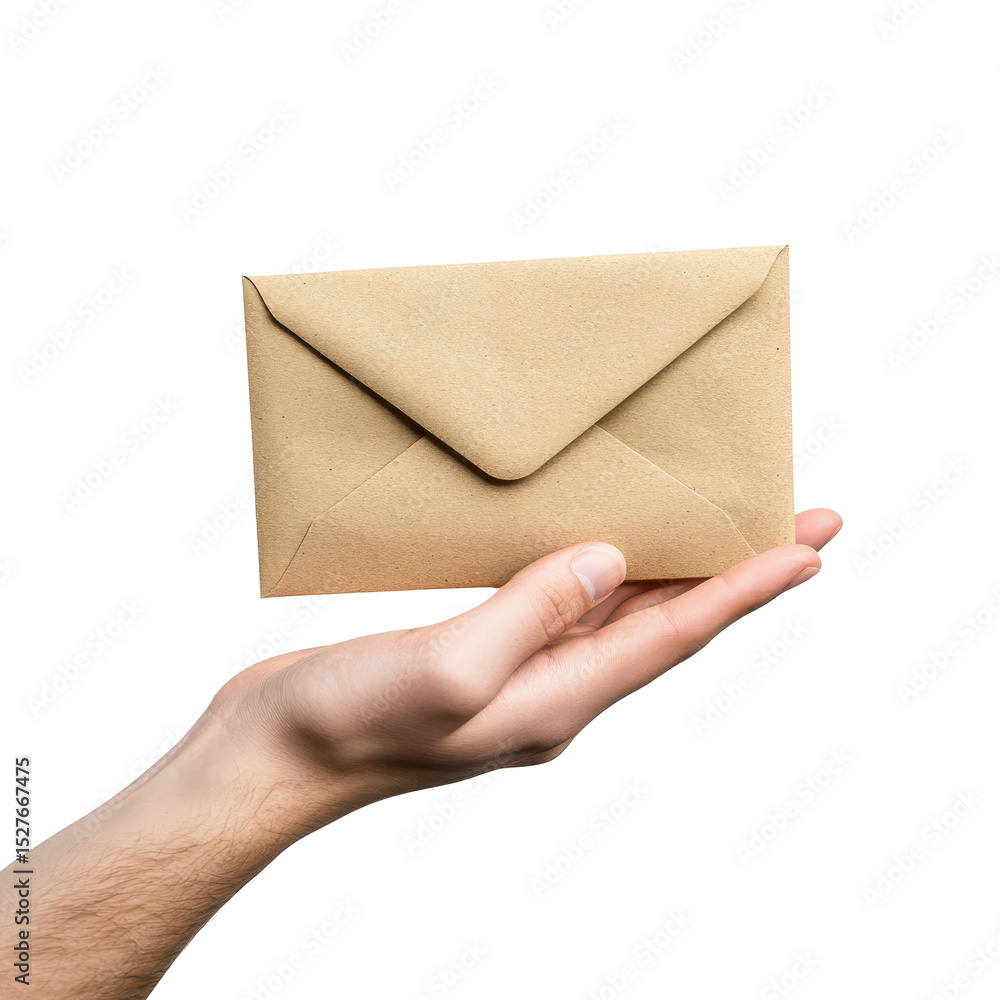 Hand holding a brown envelope ready for delivery in a clean setting with neutral background Hand holding a brown envelope ready for delivery in a clean setting with neutral background