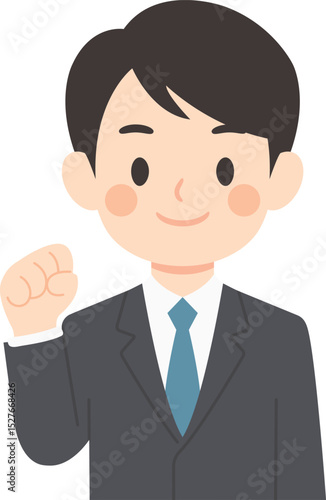 한 손으로 주먹을 쥐고 웃고 있는 정장을 입은 비즈니스맨