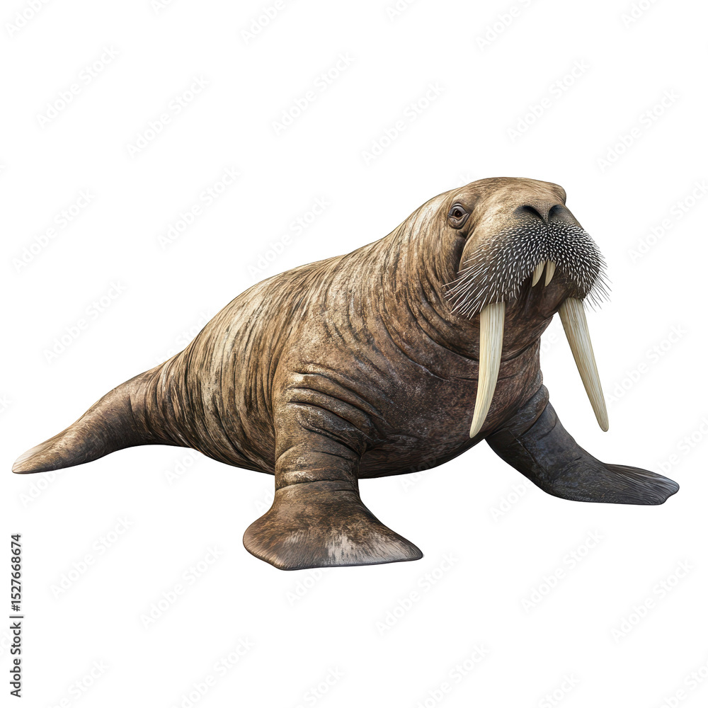 Fototapeta premium Large walrus resting on sandy shore during sunny day near icebergs in Arctic region
